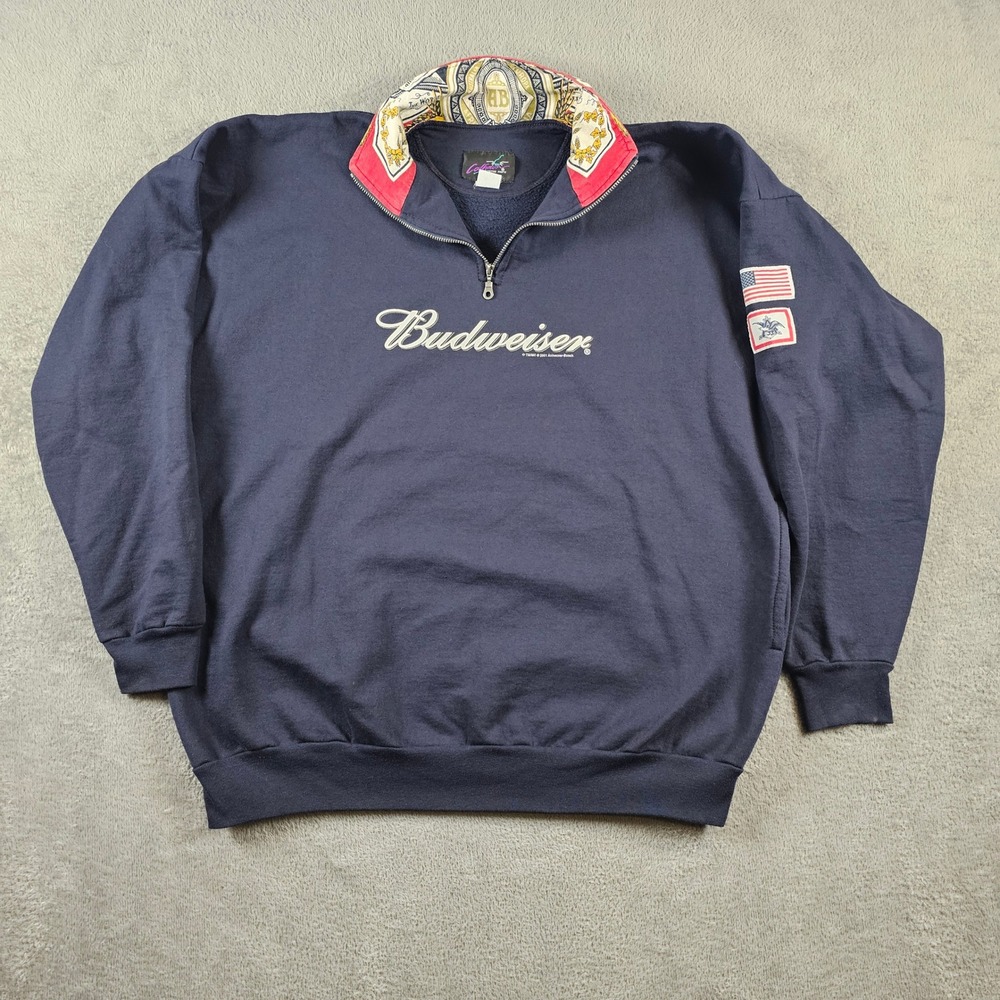 Vintage 2001 Budweiser Quarter Zip Sweatshirt Navy Blue Calhoun XL Mens Logo